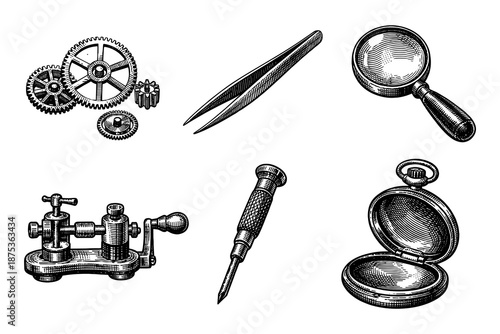 Vintage engraved mechanical tools collection with magnifying glass and pocket watch