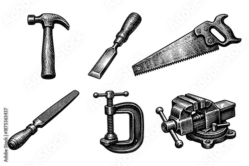 Hand drawn vintage workshop tools collection for diy and carpentry projects