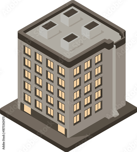 Isometric modern apartment building illustration with rooftop HVAC units glass windows urban residential architecture isolated design