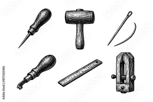 Vintage handcrafted leatherworking tools collection with sketch style