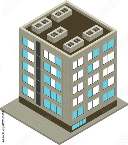 Isometric modern apartment building illustration with rooftop HVAC units glass windows urban residential architecture isolated design