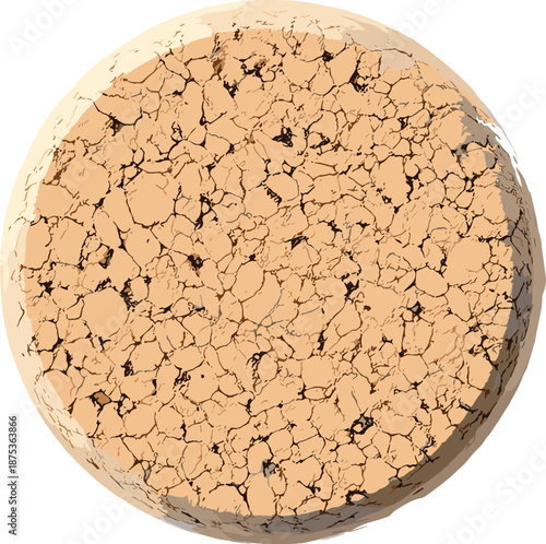 Natural wine cork top view isolated on white background, macro round wooden texture background, organic bark material close up for beverage packaging.