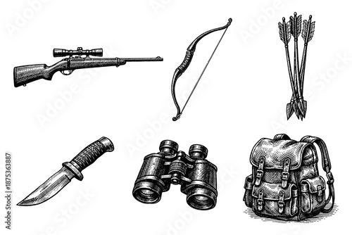 Vintage hunting gear collection: rifle, bow, arrows, knife, binoculars, backpack