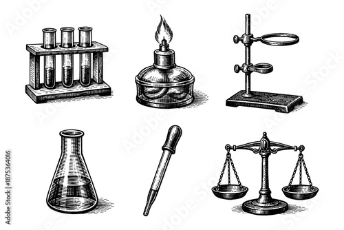 Vintage engraving of laboratory equipment illustrating scientific tools