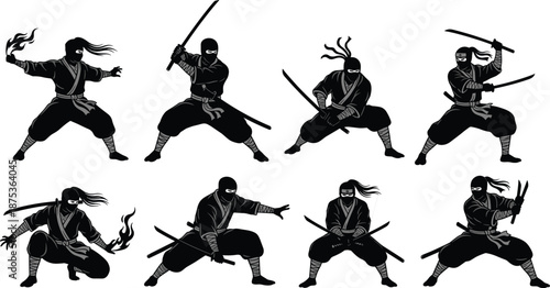 ninja warrior silhouette fighting poses set, japanese martial arts assassin character collection, samurai sword combat action vector illustration, isolated black background design