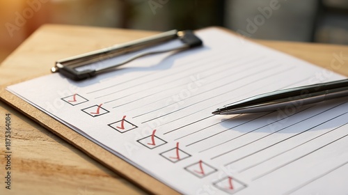 Organized Checklist with Pen on White Paper for Standard Scale Office Environment Document Preparation Productivity Viewpoint Planning and Organization Concept