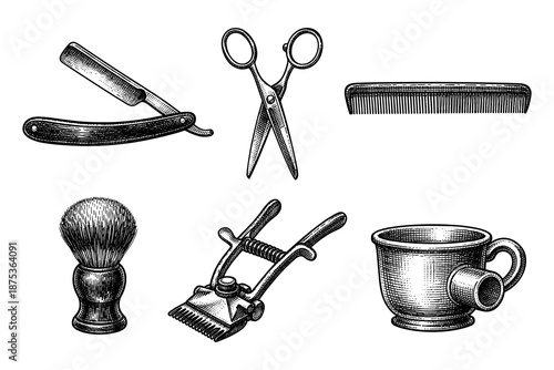 Vintage barber tools collection with classic razor, scissors, comb, and shaving accessories