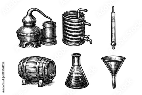 Vintage distillation equipment set with engraved style for craft brewing and chemistry