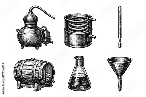 Vintage distillery equipment collection for brewing and chemistry