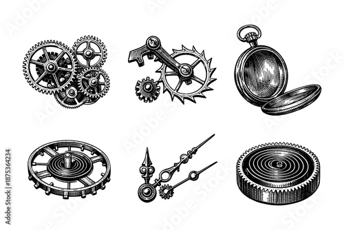 Intricate mechanical gear and watch parts in vintage engraving style