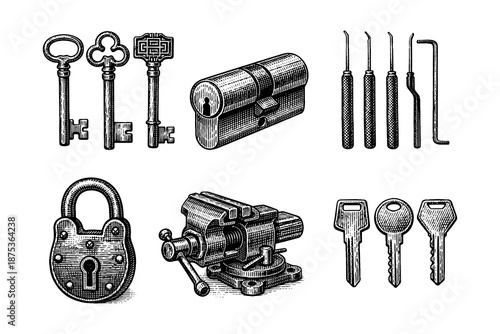 Vintage lock and key collection with locksmith tools in engraved style