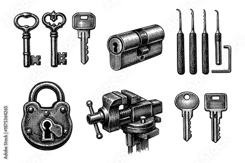 Vintage locksmith tools and keys set in engraved style featuring skeleton keys and lock picks