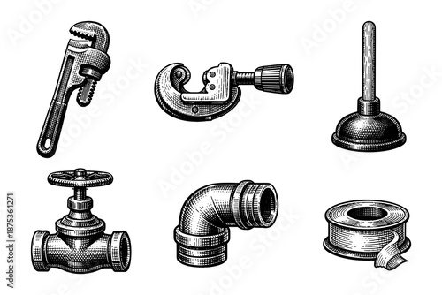 Vintage plumbing tools set with hand-drawn engraving style for workshops