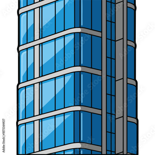Modern Office Building Illustration with Blue Glass Facade and Sleek Design