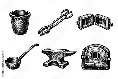Vintage blacksmith tools in engraved style: anvil, tongs, crucible, furnace