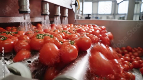 Tomatoes being washed on conveyor belt