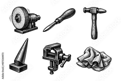 Vintage engraving style tool collection with hammer, file, and grinder