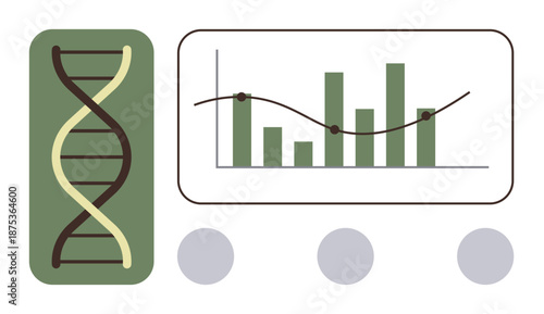 Genetics, data analysis, scientific research, healthcare, biotechnology, DNA insights. ion of a DNA helix next to a bar chart with tracking points. Genetics and data analysis focus