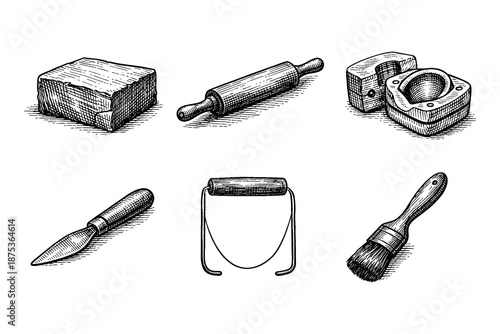Vintage sketch of pottery and sculpture tools collection for artisans
