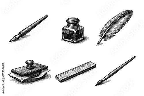 Vintage writing tools collection: quill, ink bottle, and ruler in classic engraving style