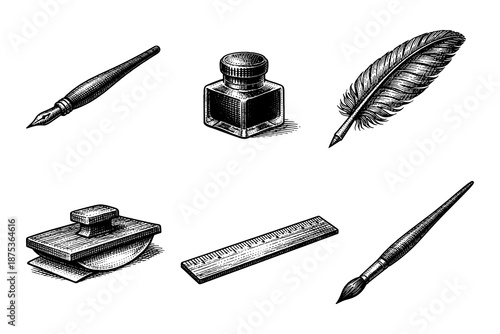 Vintage engraving of writing and art tools including ink pen and quill