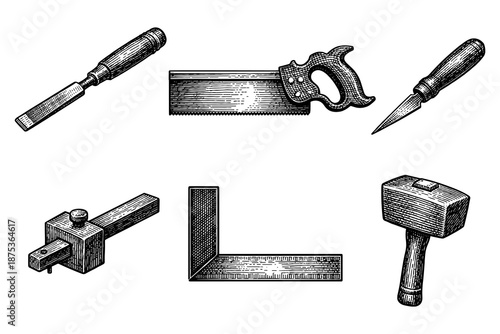 Vintage hand tool collection: engraved woodworking illustration