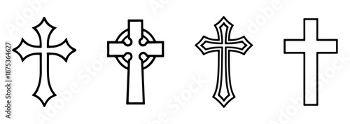 Collection of elegant crosses with vintage and Celtic elements. Black and white vector illustration outline set 