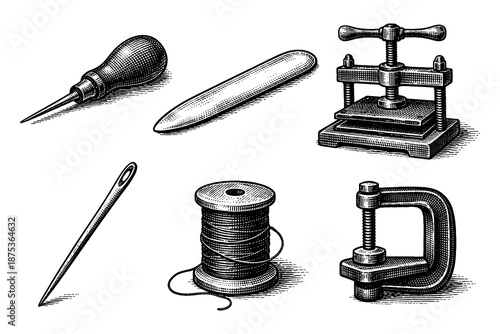 Vintage engraving of bookbinding tools with detailed black-and-white shading
