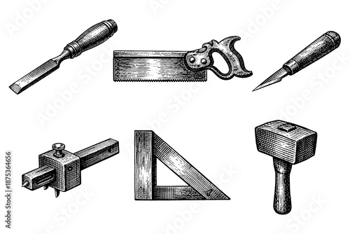 Vintage hand-drawn woodworking tools set for craftsmen and diy enthusiasts