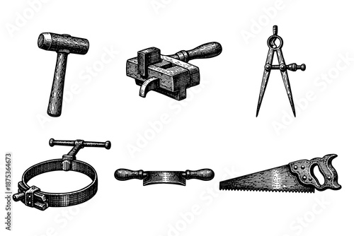 Vintage engraving of classic woodworking tools: hammer, plane, compass, saw