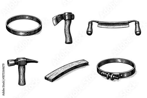Vintage woodworking tools collection with detailed engraving style