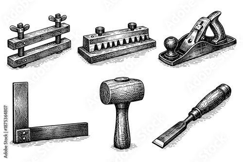 Vintage woodworking tool set engraving with mallet, chisel, and plane