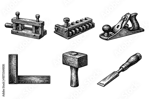 Vintage hand tools collection with engraved style for woodworking enthusiasts and craftsmen
