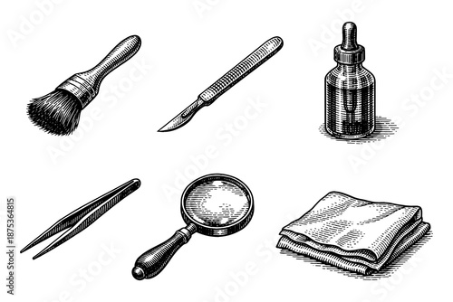 Vintage etching style barber and grooming tools collection