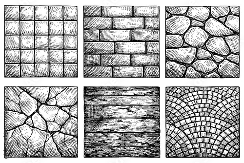 Hand drawn seamless patterns of stone and wood textures with intricate details
