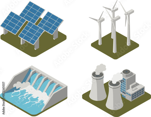 Isometric renewable energy sources illustration with solar panels wind turbines hydropower dam nuclear plant sustainable power concept