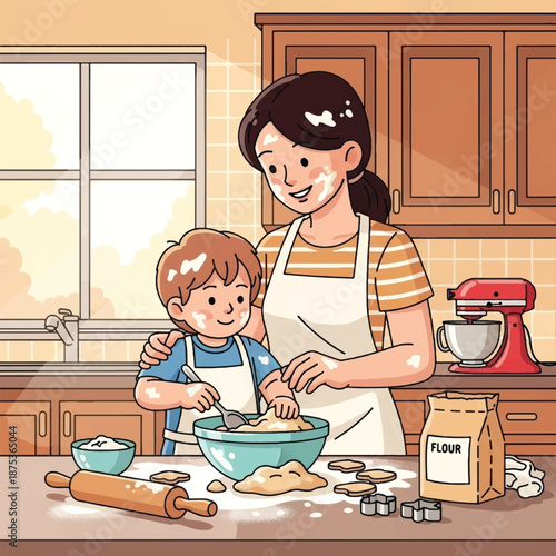 Woman and child baking together sweetly.