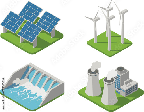 Isometric renewable energy sources illustration with solar panels wind turbines hydropower dam nuclear plant sustainable power concept