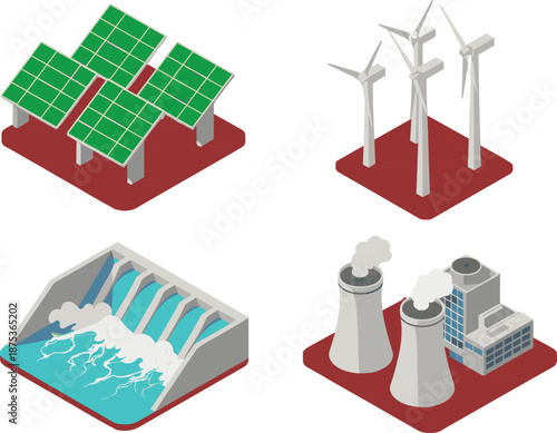 Isometric renewable energy sources illustration with solar panels wind turbines hydropower dam nuclear plant sustainable power concept