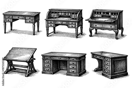 Vintage desk collection with classic designs and intricate engravings