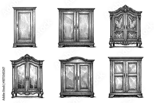 Elegant vintage wardrobes set with classic carved designs in detailed sketch style