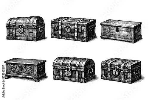 Vintage treasure chest collection with detailed wood carvings and metal accents