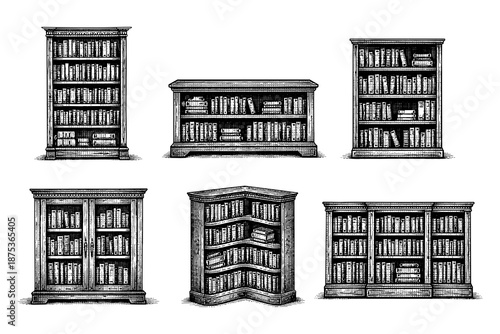 Vintage engraving style bookshelves collection with classic hand-drawn design