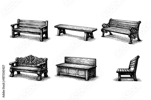 Vintage bench collection: hand-drawn wooden and ornate seating