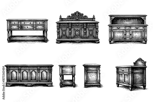 Vintage hand drawn antique furniture set with intricate details
