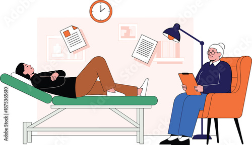 Psychotherapy counseling session illustration, patient lying on couch with therapist psychologist discussing mental health treatment concept isolated modern flat vector design interior