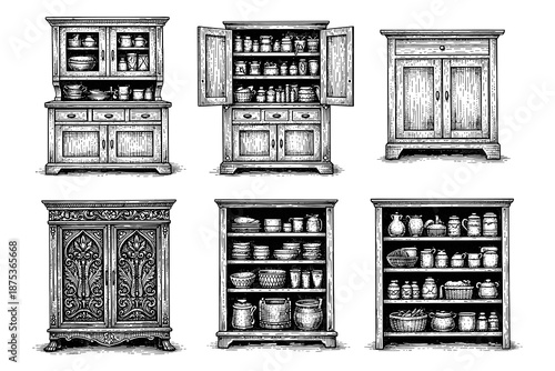 Vintage cabinet collection: intricate antique furniture with open and closed doors
