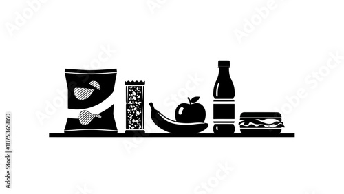 Stylized monochrome illustration of snack foods and drink.