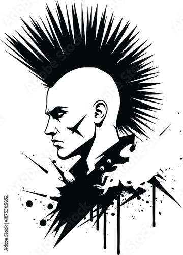 punk rock mohawk portrait illustration with grunge splatter style, rebellious alternative culture art, monochrome vector design for posters branding