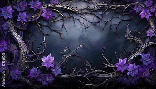 gothic fantasy dark background surrounded by dry branches thorns ivy and purple flowers black old worn grunge backdrop framed with horror dry branches and thorns color pop contrast